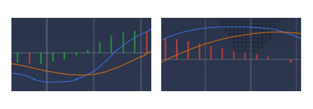 The green and the red bars indicate the distance between the slow and the fast MACD lines
